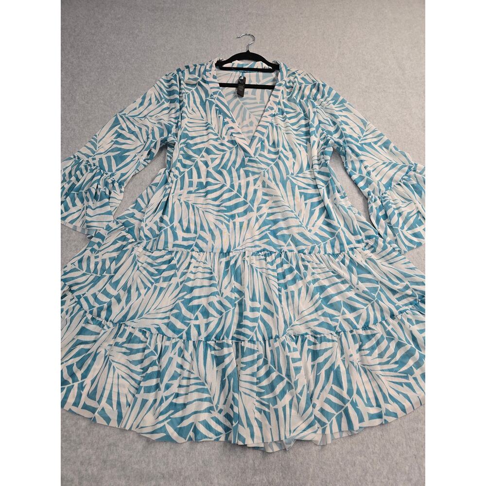 Coco Reef Cover Up Dress XL Blue Tropical Print Bell Sleeve Swim Coastal Cruise - Picture 2 of 8